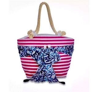 MUD PIE PINK STRIPED LARGE TOTE BAG WITH SARONG BEACH POOL ROPE HANDLES